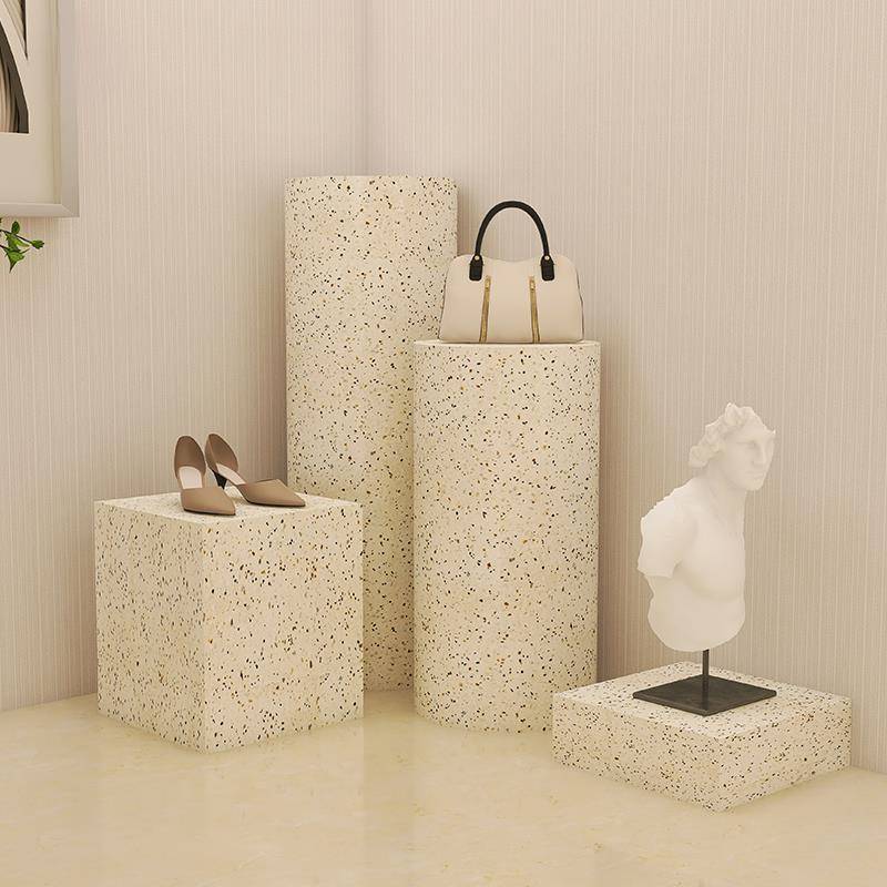 圆形水磨石摆台客厅玄关地台电视柜旁落地柱子木墩摆件底座雕塑台