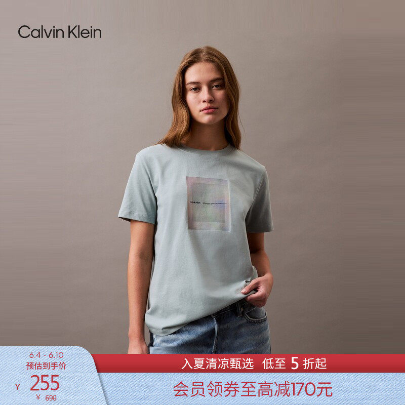 CK Jeans夏季女士休闲通勤图案胶印纯棉圆领针织短袖T恤上衣