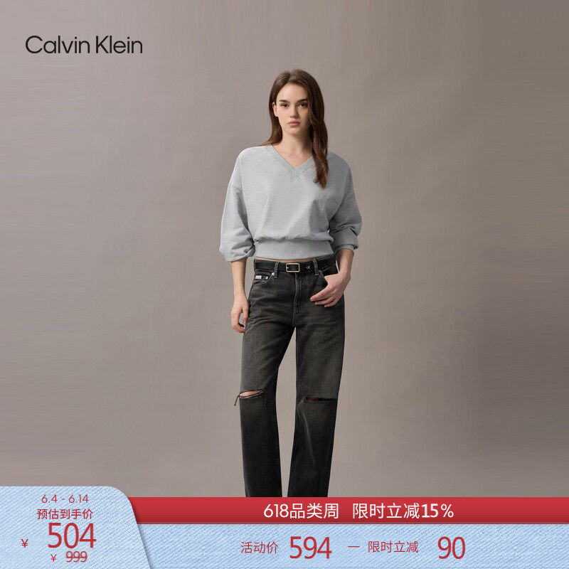 CK Jeans女士简约字母复古方形金属针扣光面皮革腰带皮带礼物