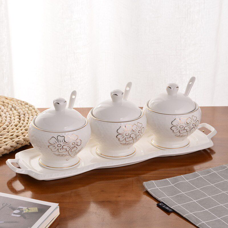 调味罐带瓷盘套创意厨房用品调料A盒盐罐欧式陶瓷调味瓶罐三件套