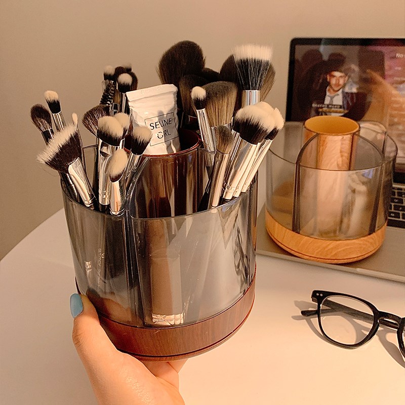木质旋转化妆刷收纳筒o桌面梳妆台化妆品口红整理置物架大容量笔