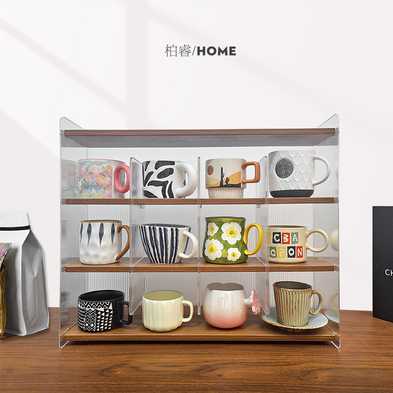 亚克力杯子收纳架桌面水杯茶杯咖啡杯马克杯防Q尘九宫格实木置物