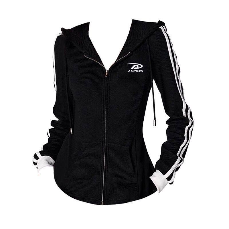 美式辣妹风条纹连帽卫衣外套女秋冬薄款修身显瘦拉链长袖上衣开衫