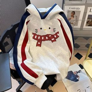 100%重磅纯棉连帽卫衣女加绒加厚美式复古拼接宽松慵懒学生外套潮