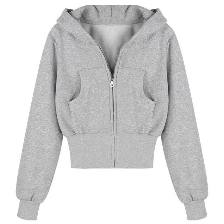 美式复古灰色连帽卫衣外套女秋季加绒加厚小个子短款收腰开衫上衣
