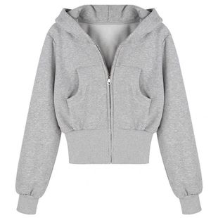 美式复古灰色连帽卫衣外套女秋季加绒加厚小个子短款收腰开衫上衣