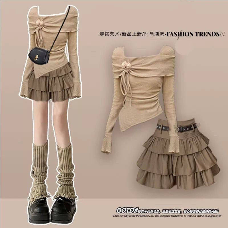 2024新款秋款慵懒风设计上衣高腰短裙两件套秋季套装女装爆款