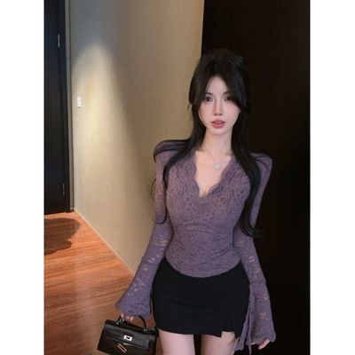性感v领紫色长袖蕾丝女春