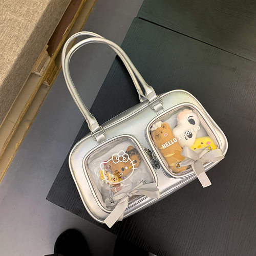 日系纯色简约单肩包包女小食量吧唧谷子痛包百搭蝴蝶结手提包kt猫