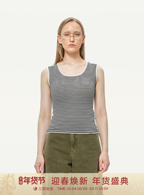 GOLDEN BARRY25秋细条纹高级独特U领肉感舒服轻柔背心女231020