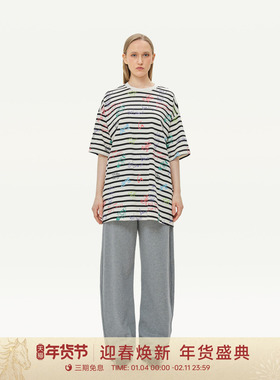 GOLDEN BARRY25秋新款棉条纹满印卡通涂鸦可爱短袖T恤女201041