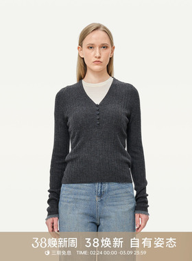 【100绵羊毛】GOLDEN BARRY25冬经典简约V领长袖须边针织衫241261
