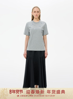 GOLDEN BARRY金和百瑞25夏新款重工钉珠绣圆领短袖T恤上衣201003