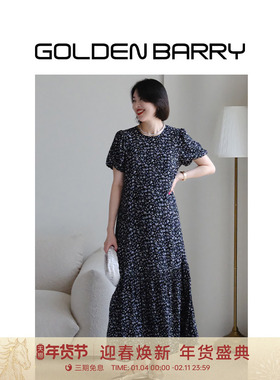 GOLDEN BARRY金和百瑞满天星碎花泡泡袖质感人丝黑色连衣裙301242