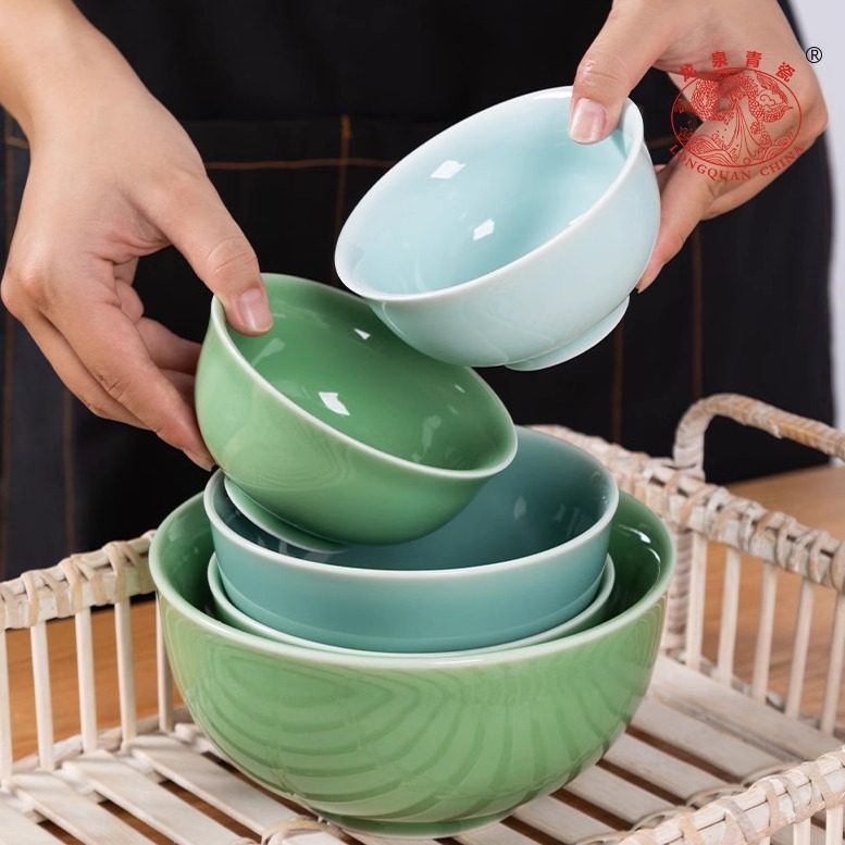 龙泉青瓷米饭碗创意中式餐具陶瓷家用加厚大号面汤碗喝粥碗点心碗