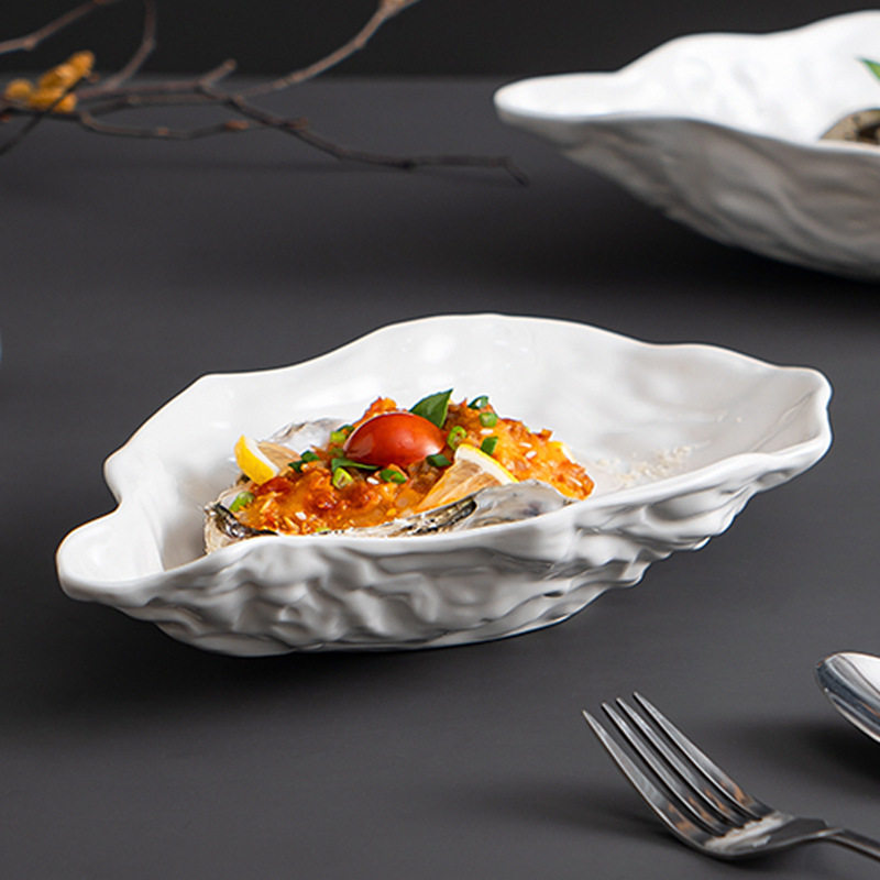 创意生蚝壳陶瓷餐具海鲜刺身盘纯白家用高档酒店私房菜个性沙拉盘