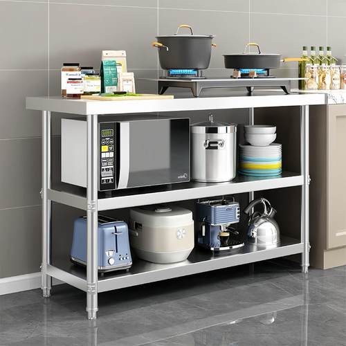 不锈钢三层工作台，餐厅装货台，厨房储物柜，菜板，灶架，烹饪和