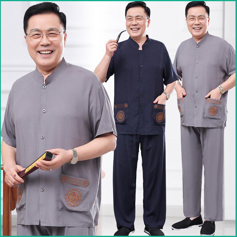 速发中长年男装夏爸爸季唐装棉绸老裤套装爷爷居家服老爷子睡衣