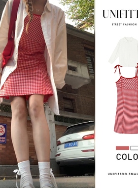 速发红色格子连衣甜美减龄带字短裙吊A裙连色裙白衣开衫套装