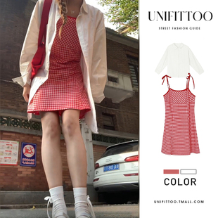速发红色格子连衣甜美减龄带字短裙吊A裙连色裙白衣开衫套装