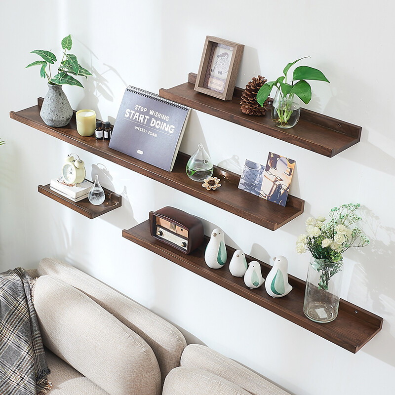 速发实木墙上置物架书架隔层板餐厅装饰架子客厅沙发一后字置物板