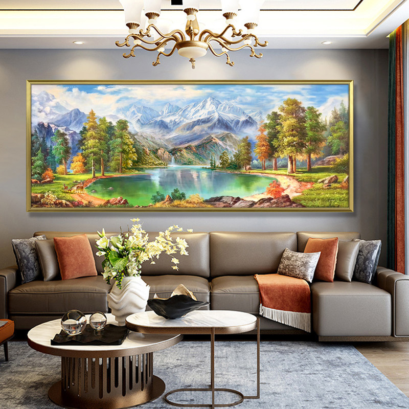 速发客厅装饰画三联聚宝盆山水纯手绘油画挂画风景壁画肌理立体画