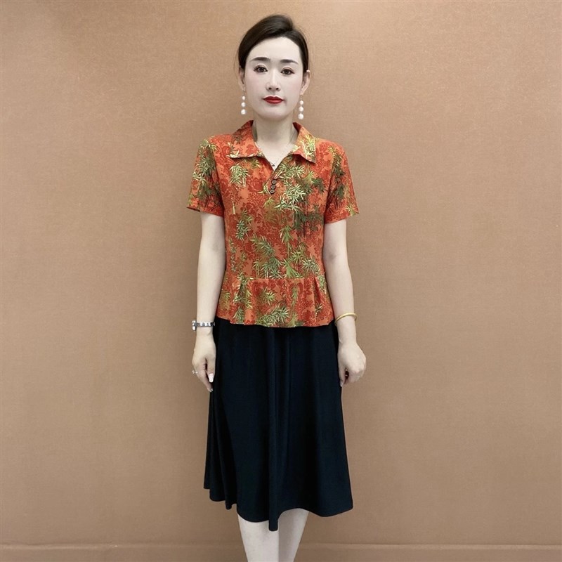 速发中老年人装翻领连衣裙假两件五六十岁时尚妈妈夏装端庄裙子