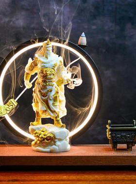 招财关公摆件财神禅意倒流香开 业礼品客厅办公室关二爷桌面装饰