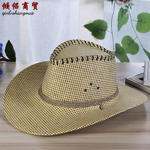 草帽男款草编男士牛仔帽卷边礼帽爵士帽户外沙滩防晒遮阳太阳帽子