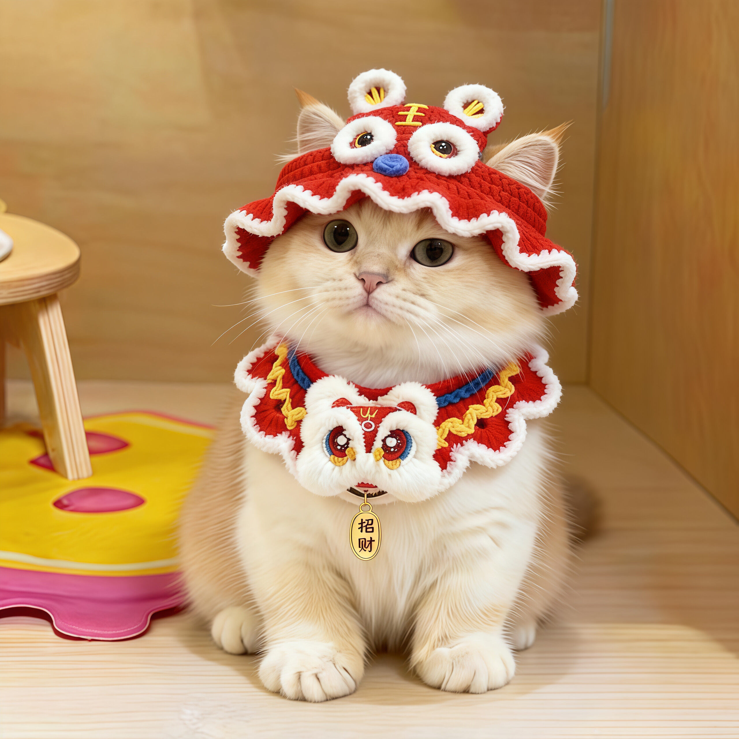 猫咪帽子头套宠物舞狮帽子露耳朵小猫头饰新年喜庆装扮变装帽新款