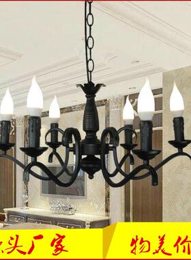 铁艺欧式简约蜡烛灯吸顶吊灯铁艺创意6头黑色仿古客厅卧室灯具饰