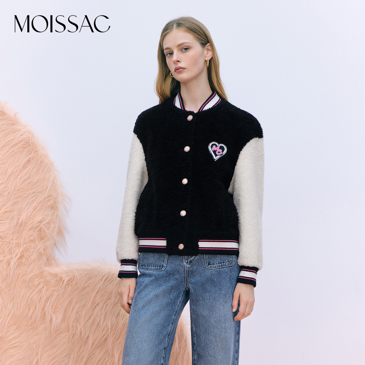 摩萨克休闲棒球领皮草外套