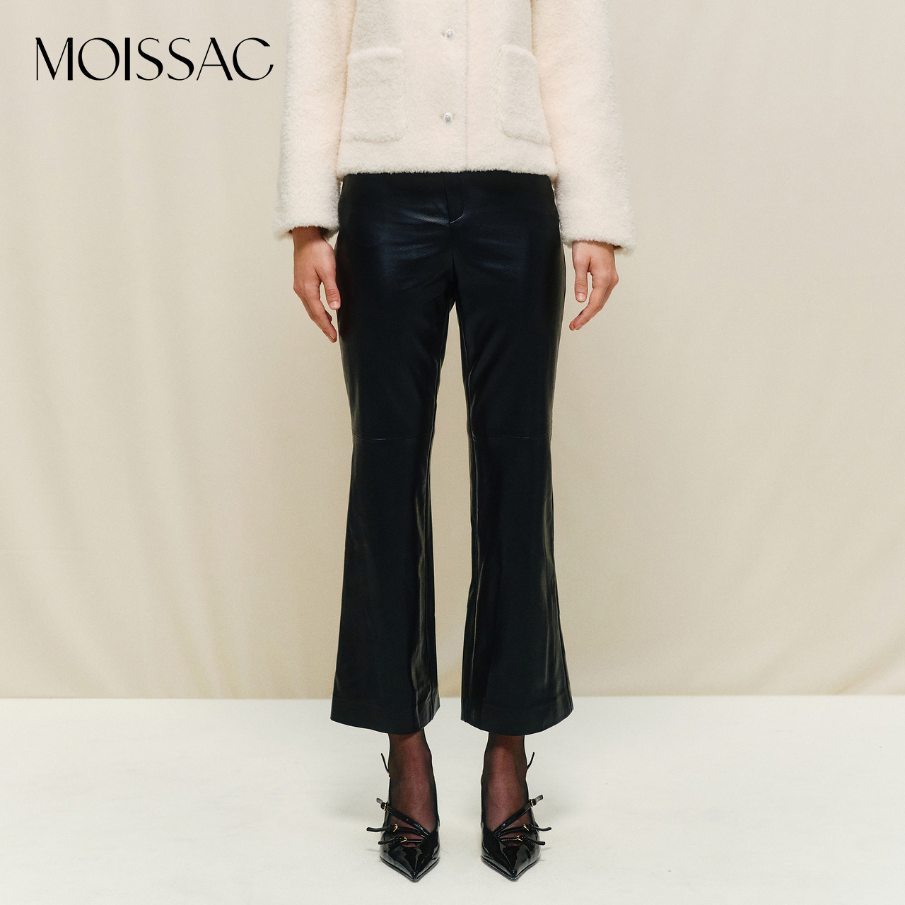 MOISSAC摩萨克奥莱冬修身九分PU皮质喇叭裤微喇长裤女