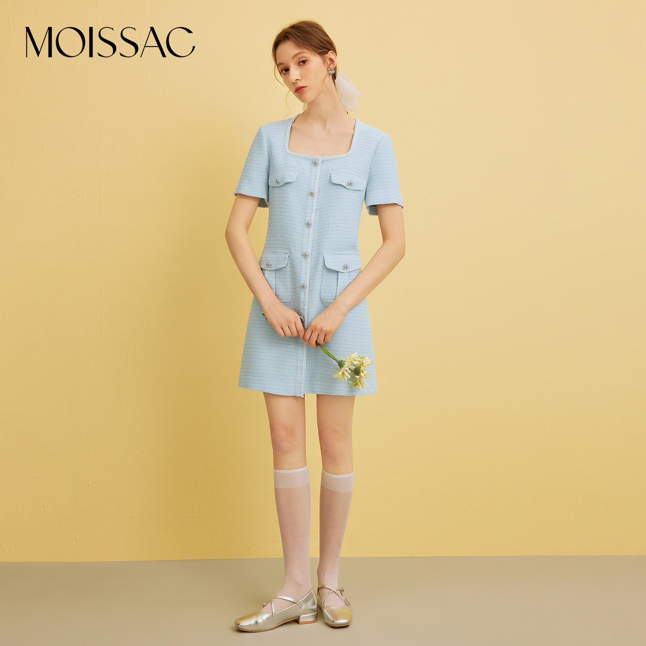 MOISSAC摩萨克奥莱24夏法式小香风甜美口袋直筒方领连衣裙短裙女,女装/女士精品,连衣裙,淘宝优惠券,粉丝福利购,淘宝优惠卷