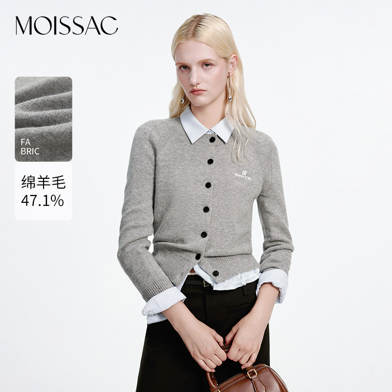 MOISSAC摩萨克2025秋新款简约休闲圆领刺绣单排扣长袖毛针织衫女,女装/女士精品,毛针织衫,淘宝优惠券,粉丝福利购,淘宝优惠卷