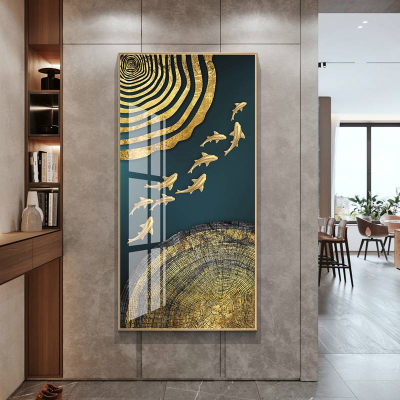 九鱼图玄关装饰画现代轻奢竖版大气挂画入户墙上墙画过道走廊样板图片