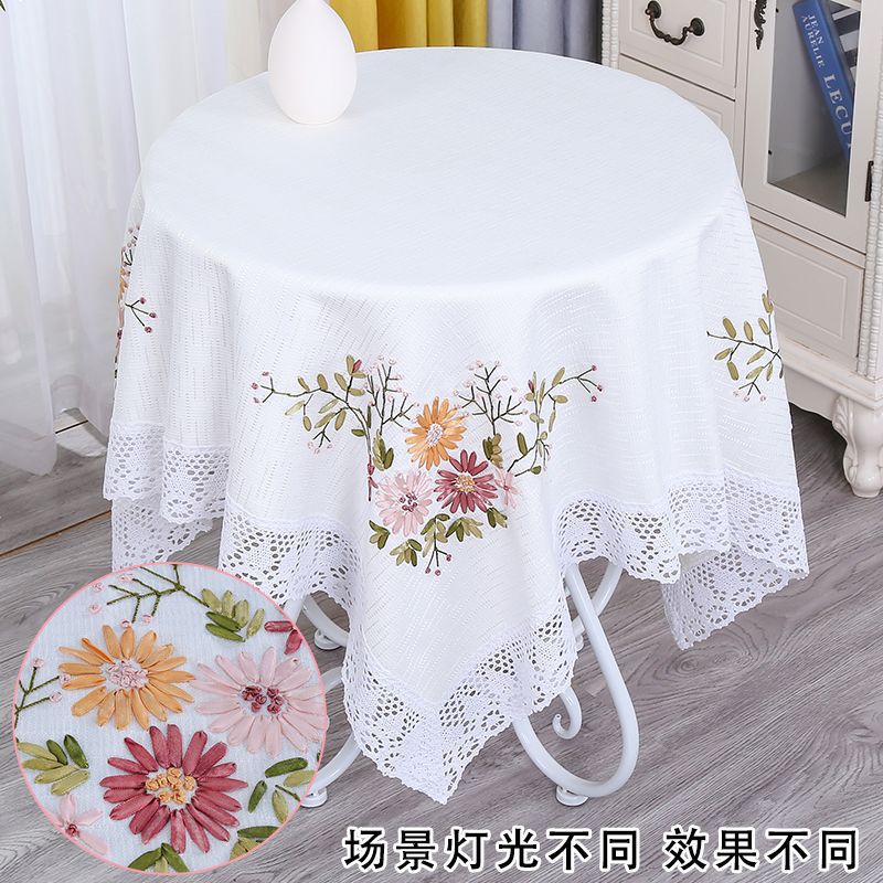 丝带绣台布长方形高档桌布手工绣茶几盖巾布艺棉麻餐桌布中式田园