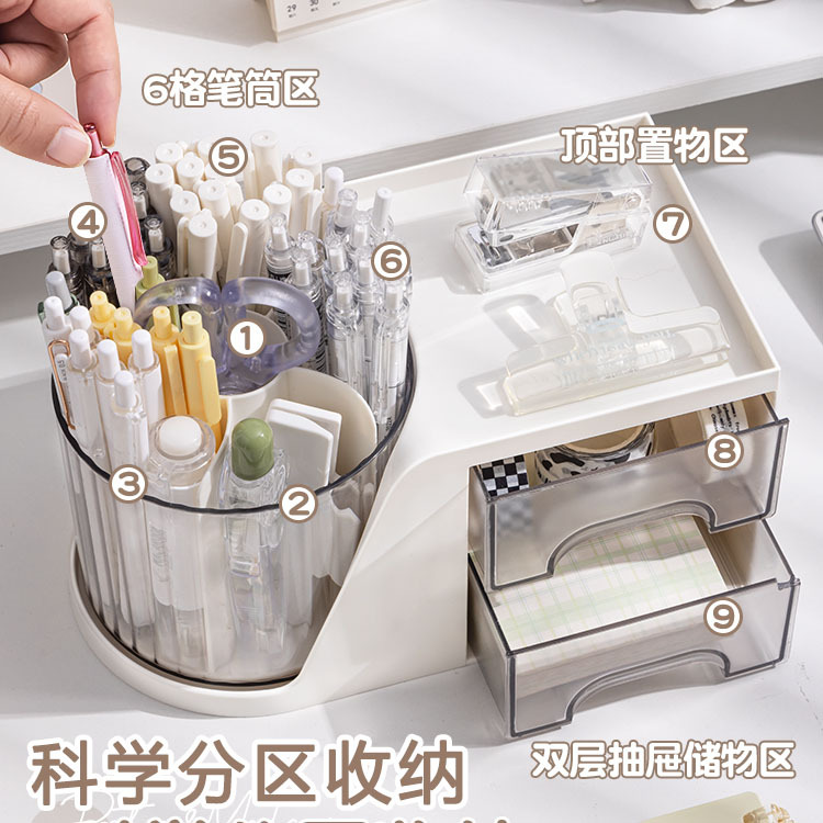 旋转笔筒收纳盒学生桌面多功能办公书桌一体文具置物架笔桶360°