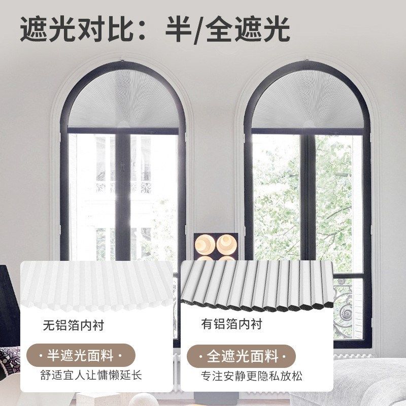 圆弧形窗户蜂巢帘百折帘半圆形简易蜂巢帘可裁切遮光隔热百褶窗帘,居家布艺,成品窗帘,淘宝优惠券,粉丝福利购,淘宝优惠卷