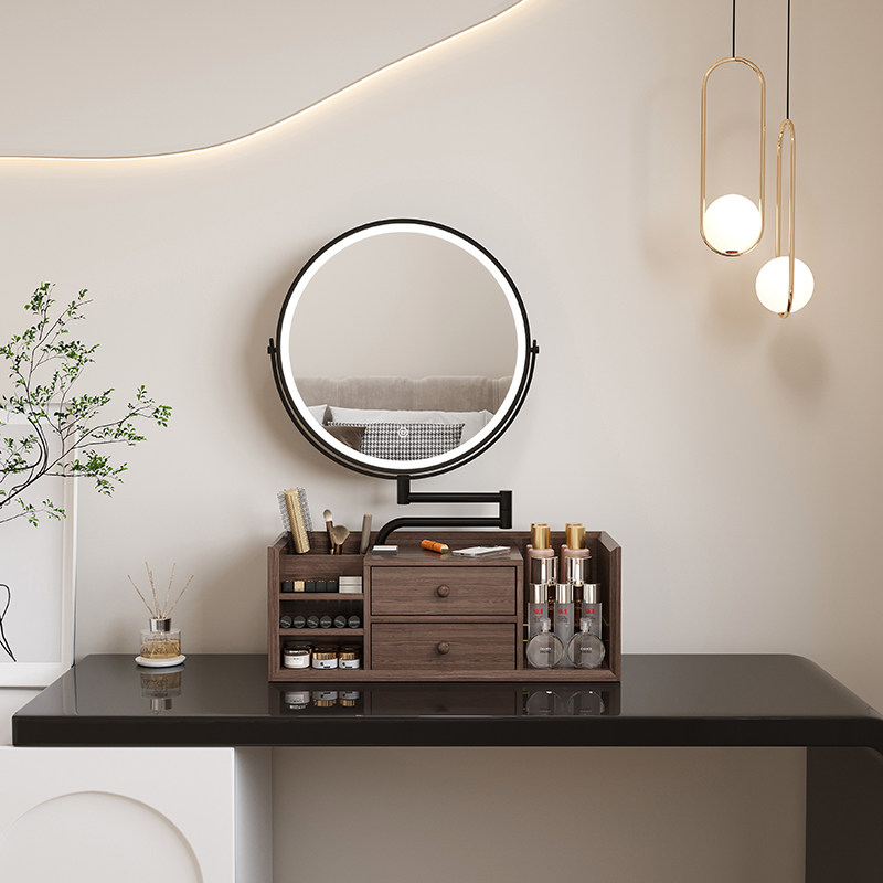 化妆镜带灯实木首饰盒桌面台式镜子化妆台化妆镜化妆镜收纳盒一体