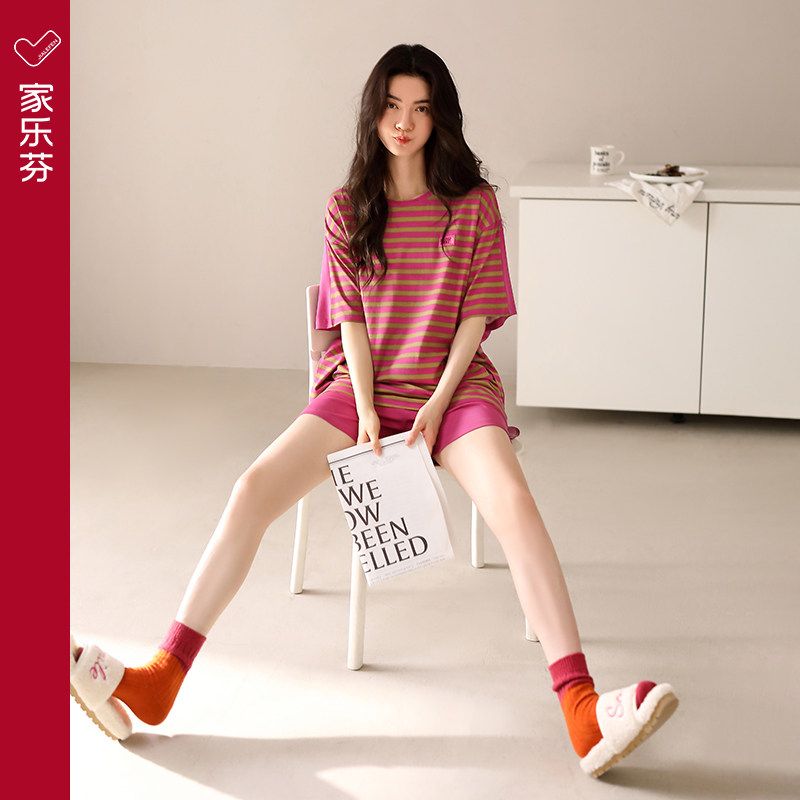 家乐芬睡衣女夏季短袖短裤莫代尔家居服夏天时尚休闲条纹套装圆领
