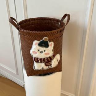 可爱长毛小狗加大圆款大容量编织脏衣篮复古仿藤编杂物零食收纳筐