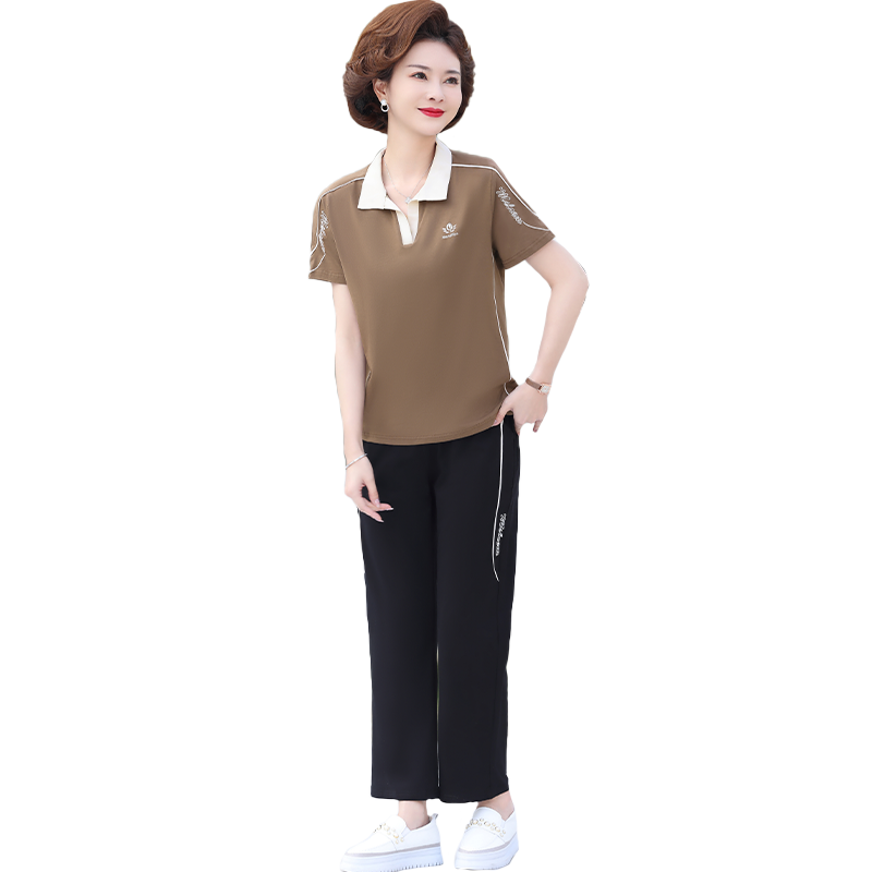 中老年妈妈夏季短袖休闲运动服套装女中年夏装纯棉V领T恤两件套薄