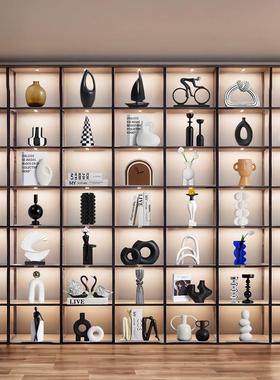 极简黑白科技感摆件高档餐柜酒柜开 放格展示柜样板房艺术装饰品