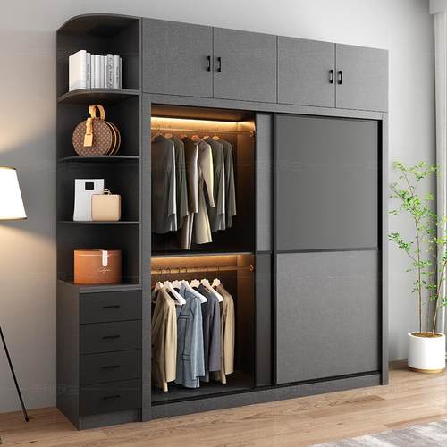 北欧推拉门大衣柜出租房用衣柜家用卧室衣柜简约现代移门组装衣橱