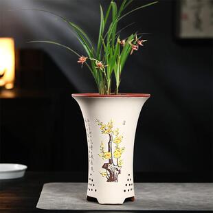 宜兴精品紫砂兰花盆墨兰建兰文心兰专用紫砂花盆陶瓷花盆细腰盆