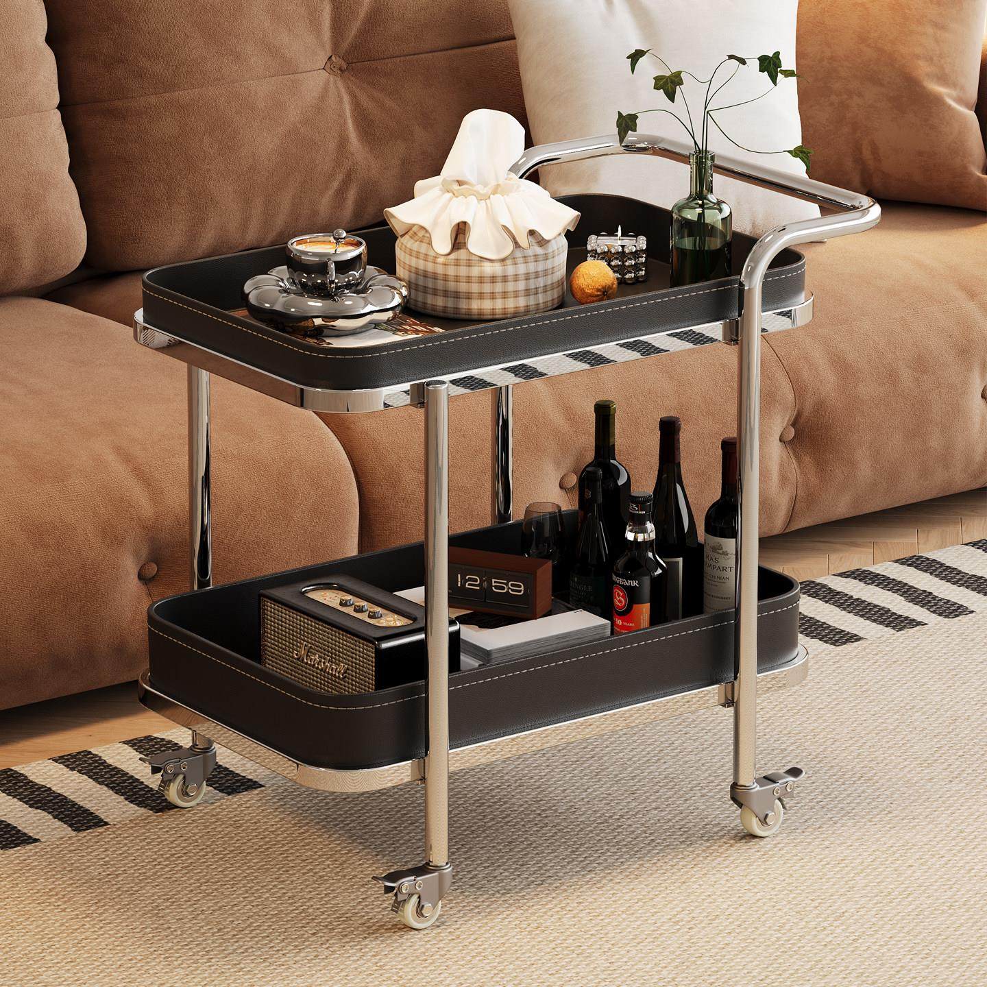 意式轻奢可移动马鞍皮沙发边几角几小推车带轮客厅家用不锈钢茶几,住宅家具,移动边几/推车,淘宝优惠券,粉丝福利购,淘宝优惠卷