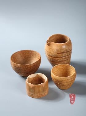 手工抛光老竹根雕刻小茶杯酒杯雕刻竹交易会杯竹雕杯小水杯竹碗配