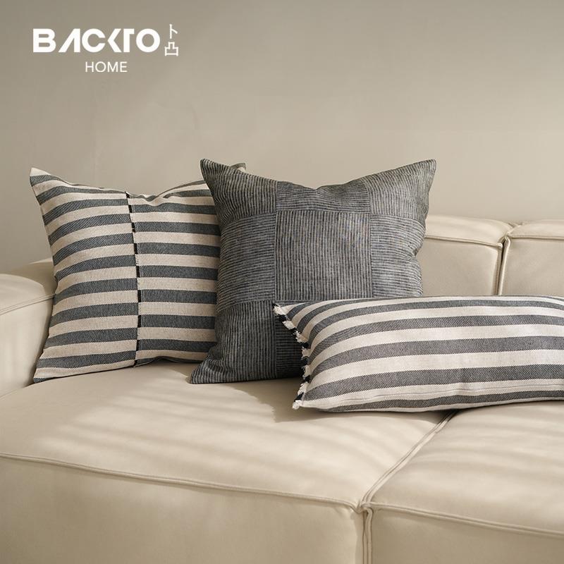 BACKTO卜凸家居现代简约黑白条纹抱枕亚麻北欧法式靠枕套沙发客厅