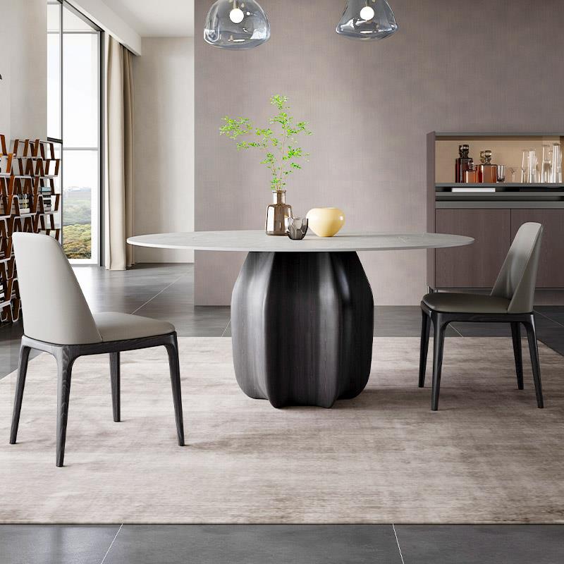 意式岩板餐桌圆桌内嵌转盘北欧设计师实木圆形灰色德利丰岩板餐桌